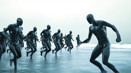 Futuristic robots running on coastline.