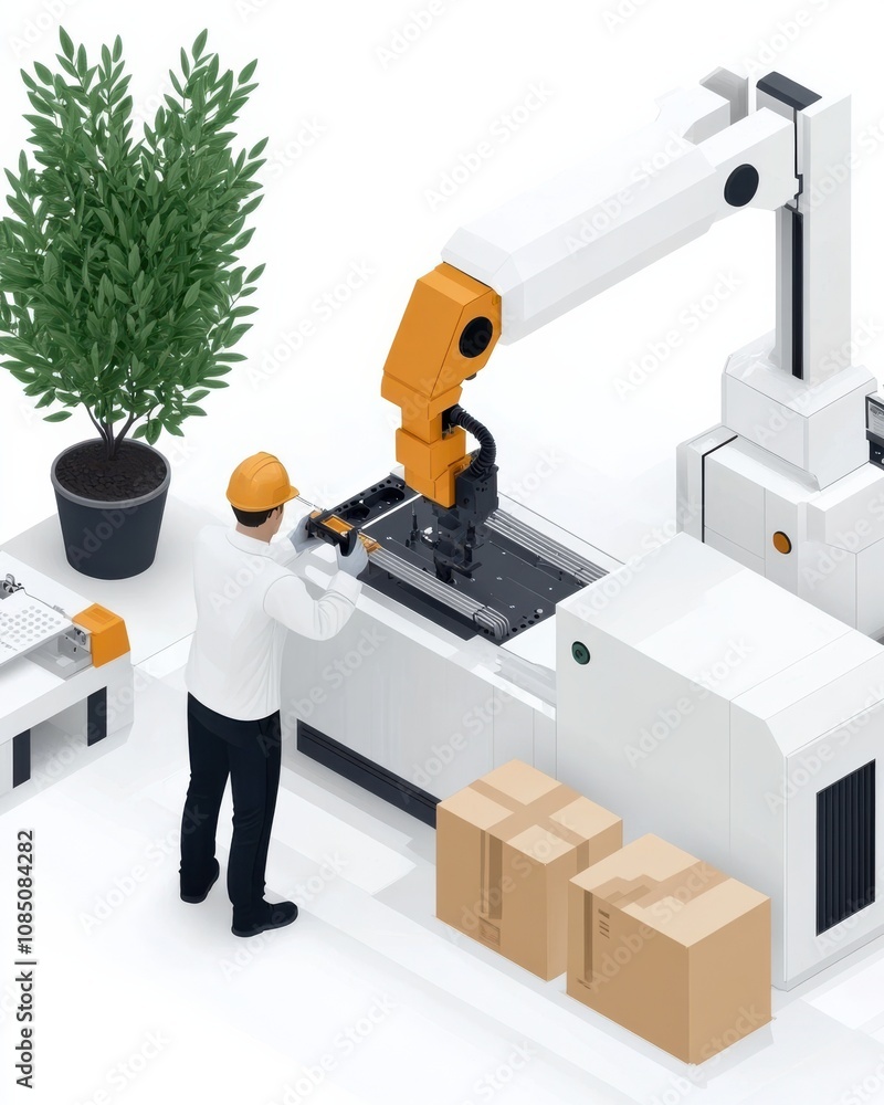 Poster a worker operates a robotic arm in a modern factory environment, showcasing automation in manufactur