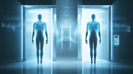 Obraz premium Futuristic view of human figures in elevators.
