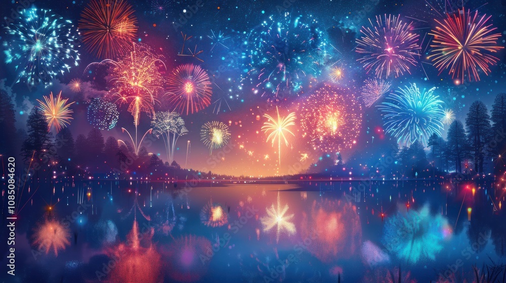 Poster a vibrant display of fireworks explodes over a calm lake, reflecting the colorful lights on the wate