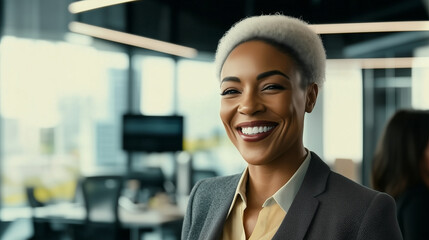 Obraz premium Mature Black woman smiling confidently in a corporate office, representing women’s empowerment, ambition, and the journey toward greater equality in the workplace