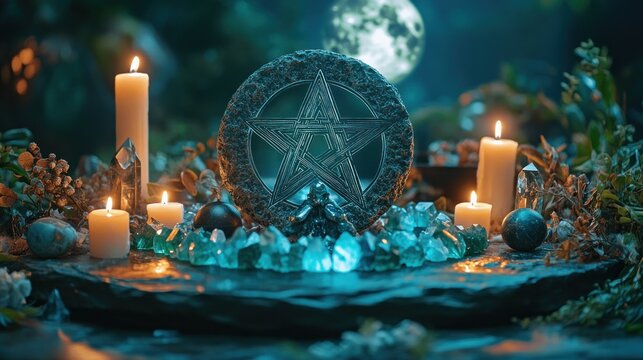 A beautifully arranged Wiccan altar under a full moon, with green and blue crystals surrounding the pentacle symbol, and dimly glowing candles.