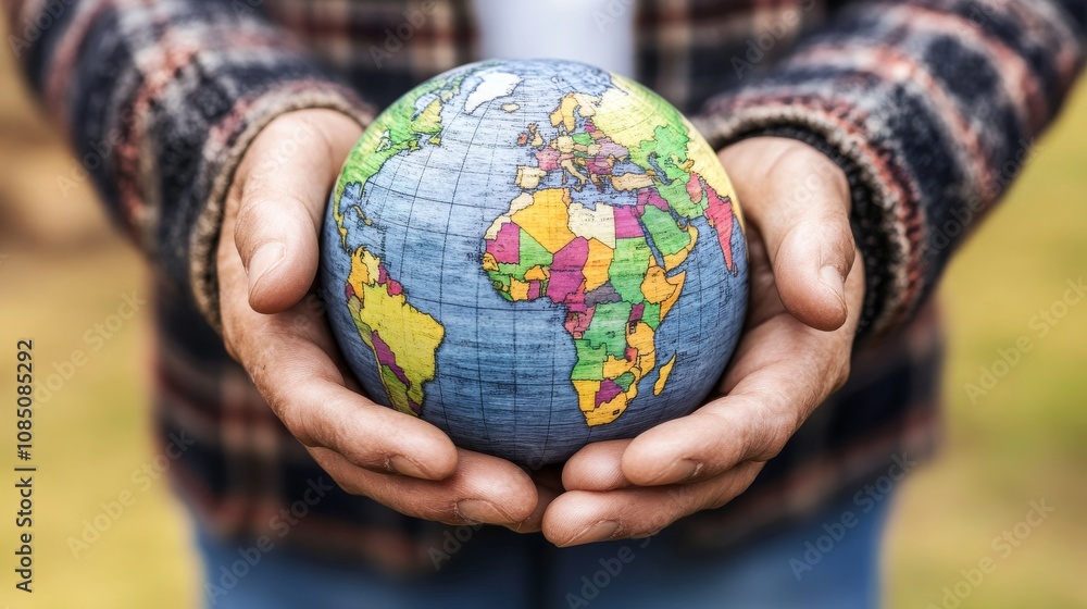 Poster hands holding a globe representing global unity.