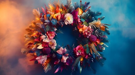 Colorful Floral Wreath with Lights Against a Soft Blue Background, Perfect for Celebrations, Home Decor, and Seasonal Events Highlighting Vibrant Petals and Foliage