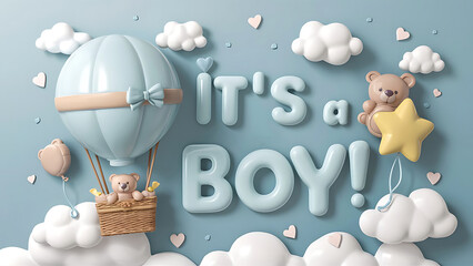 Its a boy banner with cartoon hot air balloon, helium balloons and clouds on blue background. Childern elements background 3d illustration