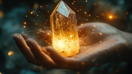A psychic is touching a crystal that is glowing mysteriously. Thin energy lines are emanating from the crystal to the seer.