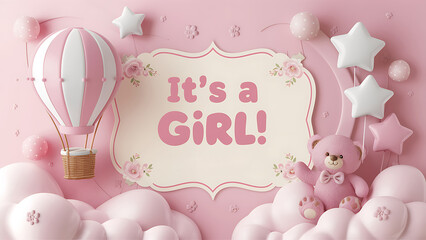 Its a baby girl banner with cartoon hot air balloon, helium balloons and clouds on blue background. Childern elements background 3d illustration