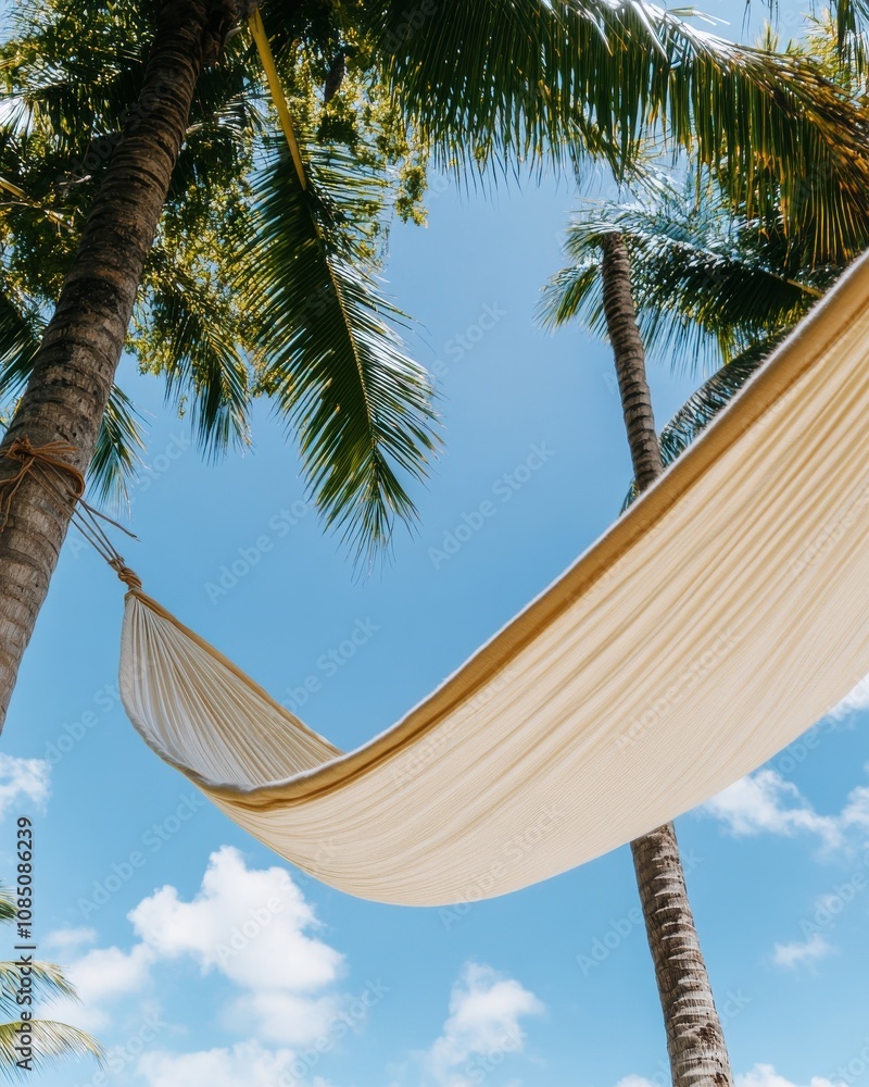 Poster a hammock stretched between palm trees under a bright blue sky, creating a serene and relaxing tropi