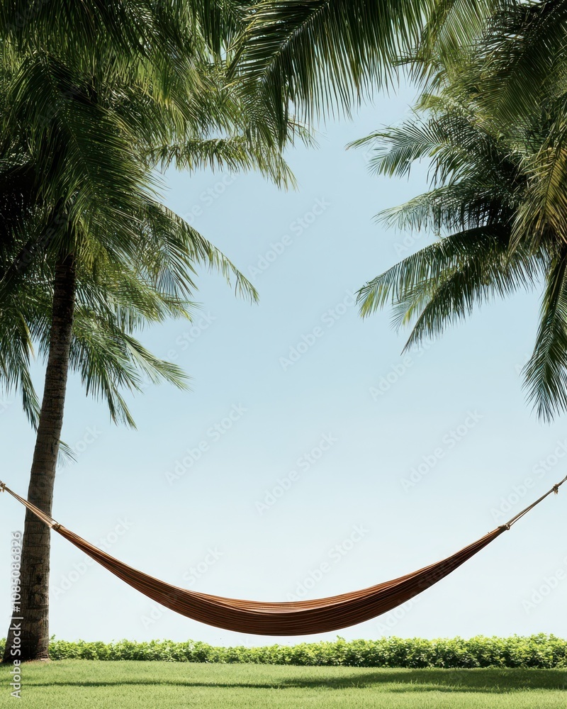 Poster a serene hammock hangs between two palm trees under a clear sky, inviting relaxation in a tranquil, 