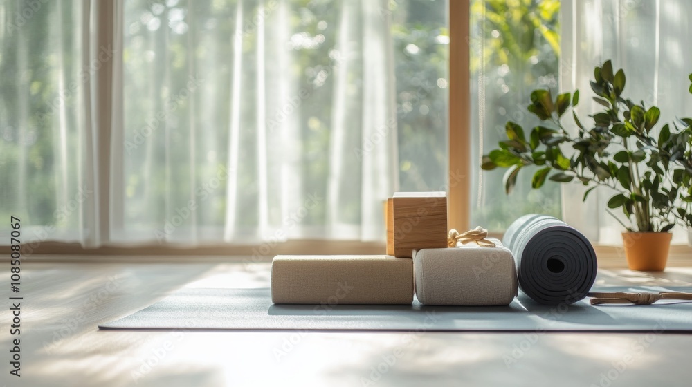 Poster a tranquil yoga mat setup with yoga blocks and straps neatly aligned, a calm, airy space with natura