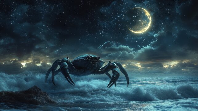 Cancer horoscope A giant crab rises from the sea, with a crescent moon above the horizon, amidst clouds and moonlight.