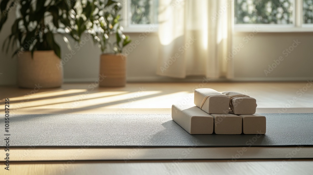 Poster a tranquil yoga mat setup with yoga blocks and straps neatly aligned, a calm, airy space with natura