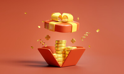 Open the gift box with many gold coins and confetti. Celebration, congratulations, bonus, and jackpot, special gift. 3d rendering 