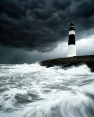 A dramatic lighthouse stands against a stormy sky and crashing waves, symbolizing hope and resilience amidst nature's fury.
