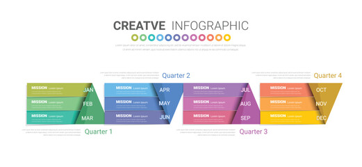 Calendar 12 months in 4 quarters, Infographic template for business 1 year can be used for annual report, workflow, process diagram, flow chart.