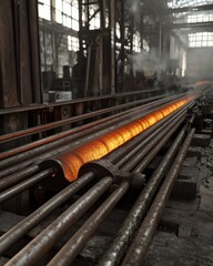 A close-up of glowing molten metal being processed in an industrial setting, showcasing glowing orange liquid and weathered machinery.