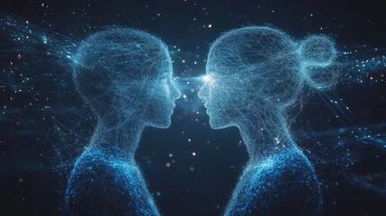 Gemini horoscope Two twins stand amidst whirlwinds and bright stars, with energy lines overlapping the night sky.