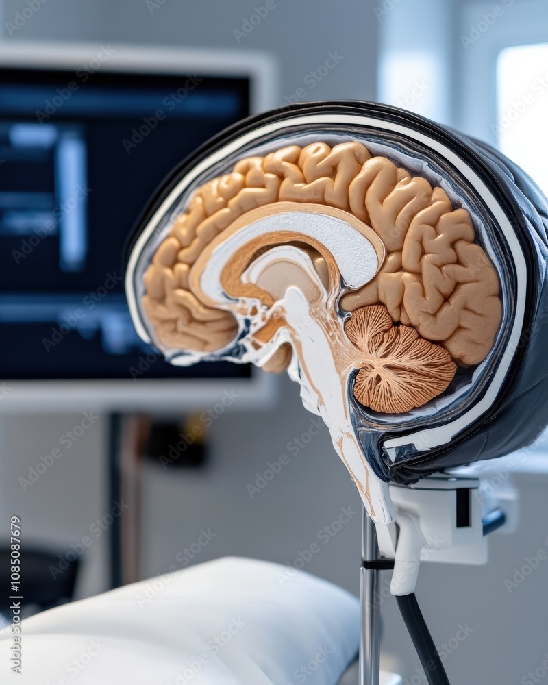 Poster a detailed model of a human brain displayed, showcasing internal structures, with a digital screen i
