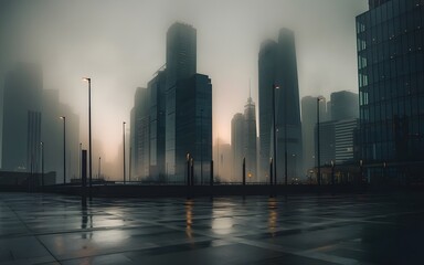 Obraz premium Majestic cityscape enveloped in morning fog with glowing streetlights