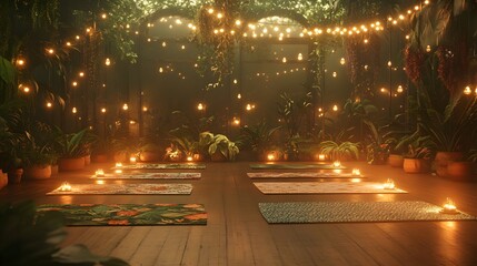Serene Yoga Studio with Warm Ambient Lights Surrounded by Lush Greenery and Candles for Mindfulness and Relaxation Practices in a Tranquil Environment
