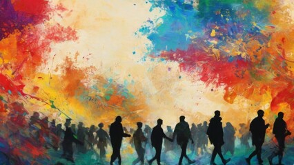 Group of people walking towards vibrant scroll in digital art piece with colorful splatter background creating energetic movement.