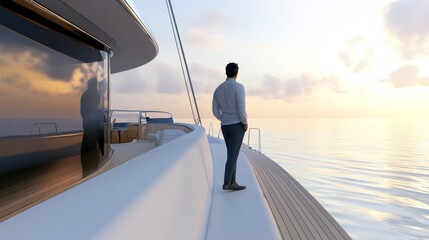 Man on yacht enjoying a tranquil sunrise view.