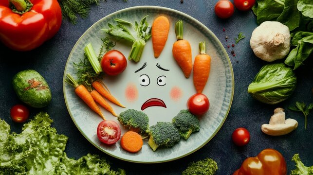 Plate of vegetables in front of a picky child, who is making a displeased face