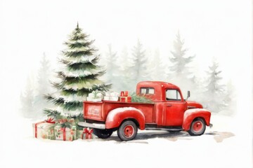 Vintage Red Truck with Christmas Tree in Snowy Forest  Watercolor Illustration