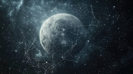 Obraz premium Mystical cosmic chart with silvery constellations. Moon and sun positions linked by transparent energy lines.