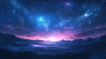 Night sky full of stars, constellations forming zodiac signs, dreamlike and enchanting landscape, soft galaxy hues