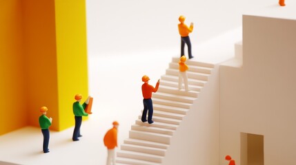 Fototapeta premium Miniature figures ascending steps towards success.
