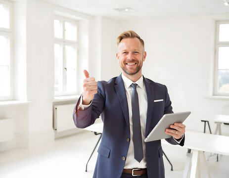Real estate agent smiling in an empty, bright room while extends his arm to seal the deal with a hand