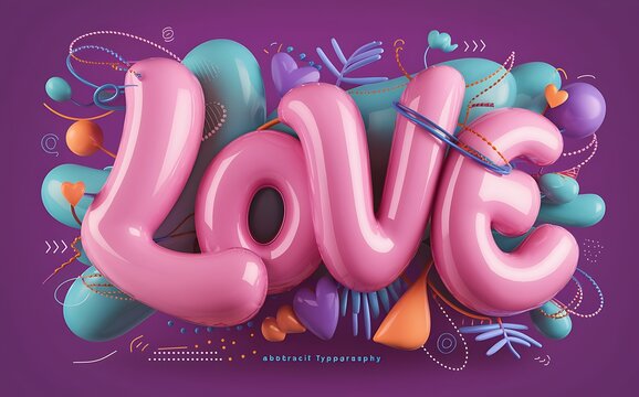 3d love text with colorful lettering. Love logo 3D inflated editable text effect. Valentine's day elements.