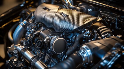Detailed view of a modern automotive engine showcasing polished metallic parts within a dark and complex mechanical assembly.