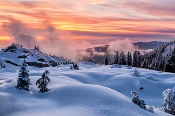 Ski slopes with fresh snow in early winter at sunset.  Mount Seymour. North Vancouver. British Columbia. Canada
