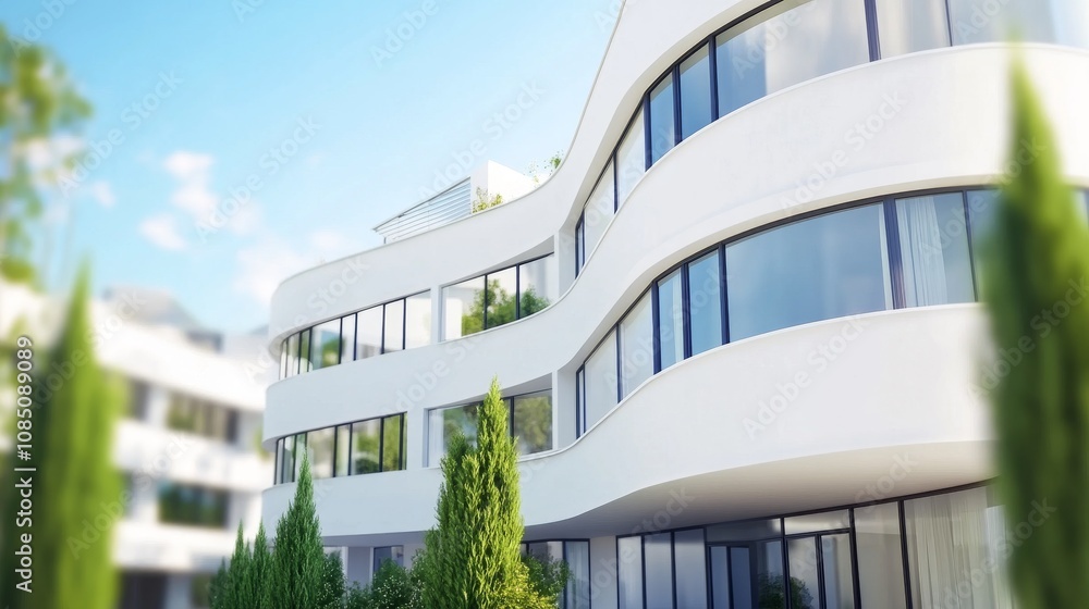 Poster modern architectural design with large windows.
