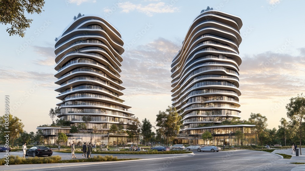 Poster modern architectural design with curved structures.