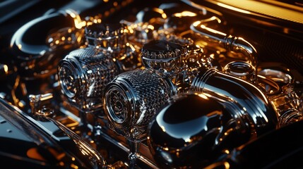 Fototapeta premium A close-up view of a luxury car engine, showcasing chrome-plated components, intricate turbochargers, and sleek carbon fiber detailing under ambient lighting