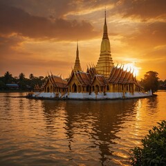 Naklejka premium A golden Thai temple by the river under a blazing orange sunset.