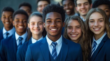 Fototapeta premium A group of young people are smiling and wearing blue suits and ties