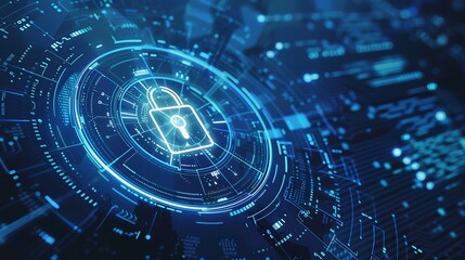 A digital lock symbol surrounded by futuristic technology elements, representing cybersecurity and data protection.