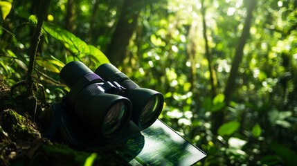 Fototapeta premium A vibrant birdwatching expedition in a dense forest, Binoculars and guidebooks set for bird observation, Wildlife discovery style