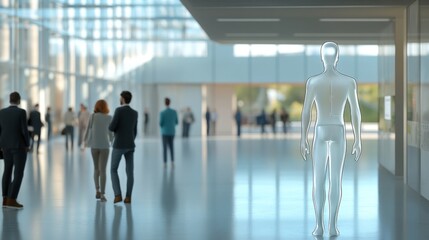 Modern interior with a futuristic silhouette amidst business people, highlighting innovation and technology in architecture.