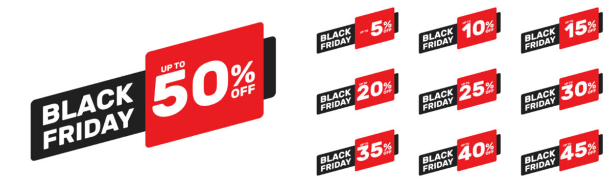 black friday up to 5 10 15 20 25 30 35 40 45 50 percent off, vector advertising banner or season discount collection
