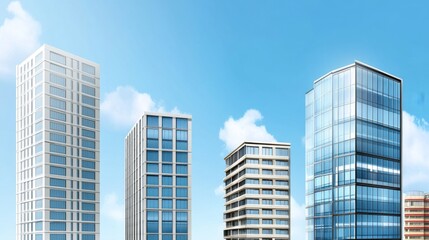 Modern skyscrapers against a clear blue sky.