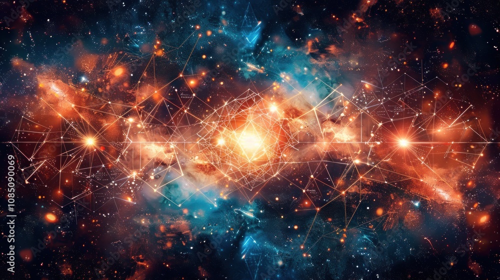 Poster abstract cosmic background with glowing lines and stars in a galaxy with a nebula.