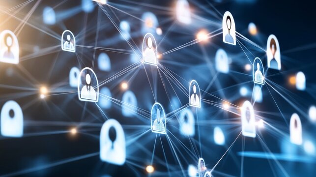 Network of digital user icons and connections.