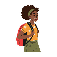 Happy girl with backpack goes to high school to classes. Education concept. Hand drawn style.