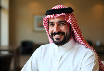 Happy Arab handsome man standing in the bright apartment 