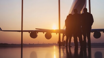 Passengers observing a plane at sunset.